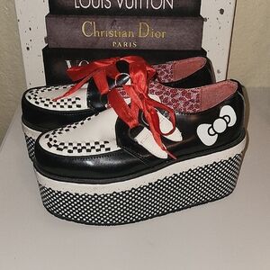 T.U.K X Hello Kitty Black and White Platform Shoes with Red Silk Laces